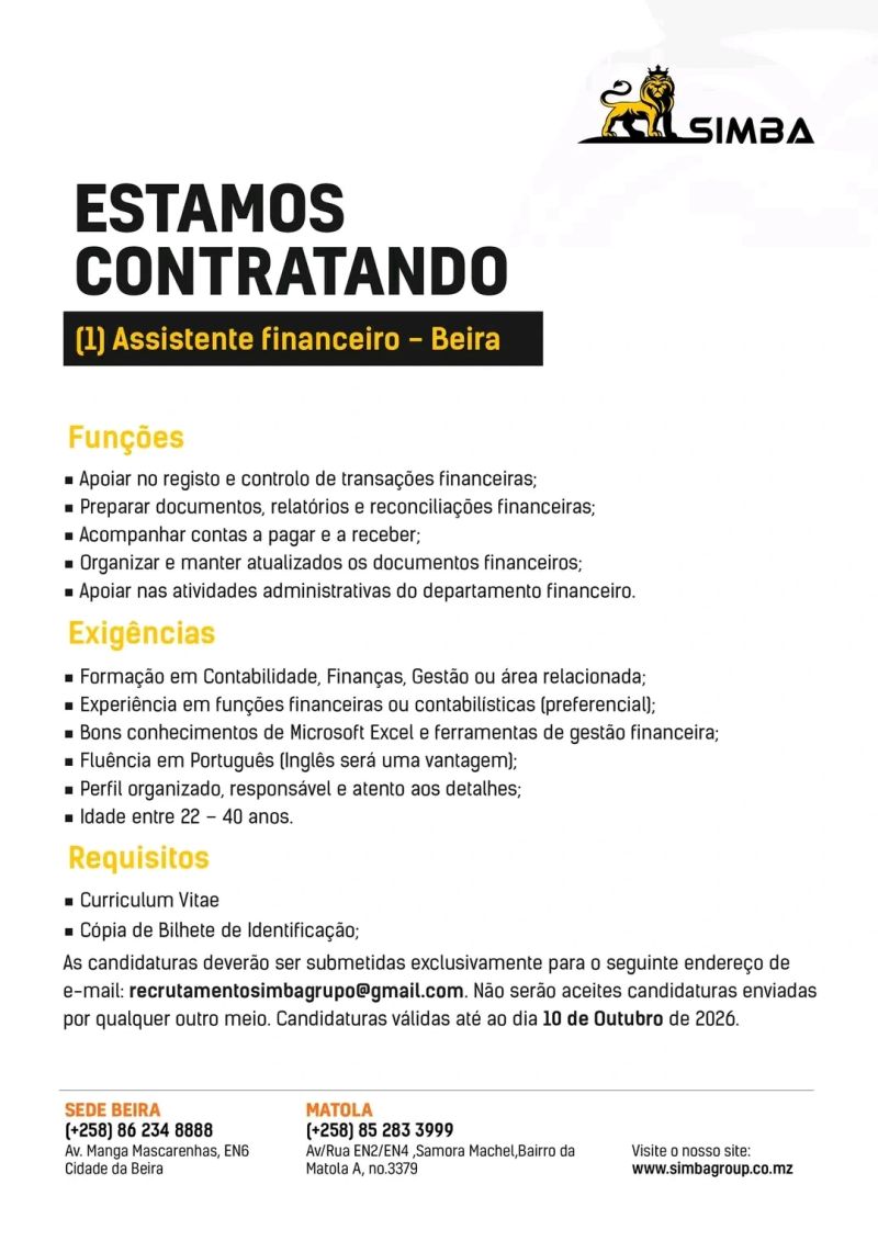 Simba abre candidatura para vaga de Assistente Financeiro na Cidade da Beira