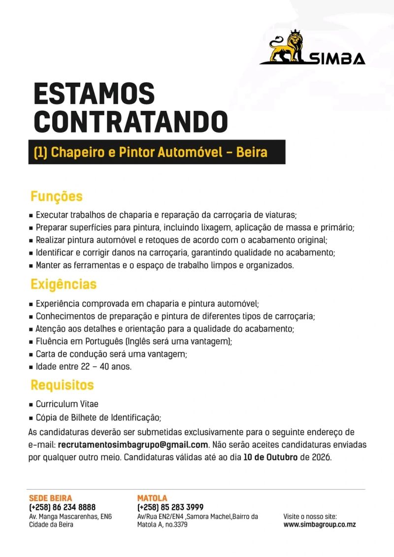 Empresa privada abre vaga para chapeiro e pintor automóvel na Beira