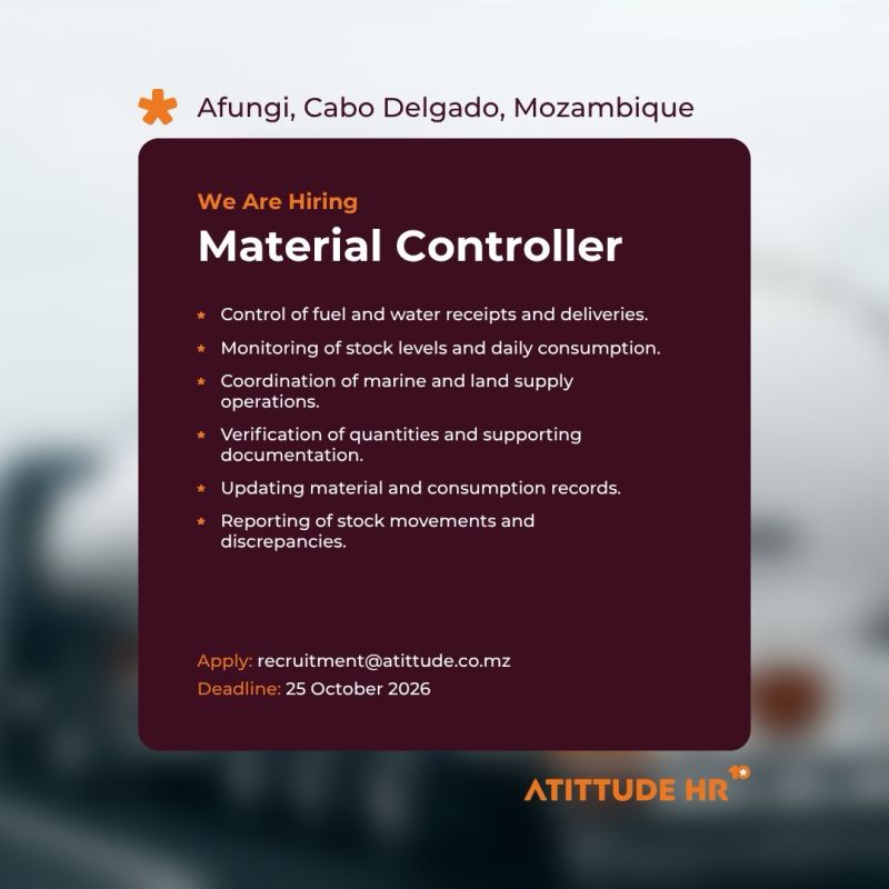 Aberto concurso para a vaga de controlador de materiais em Afungi